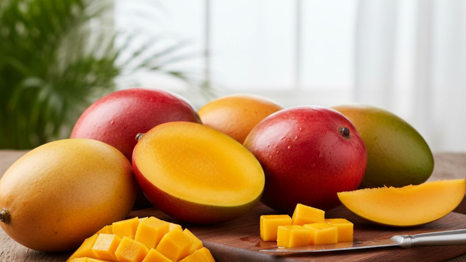 Whole and sliced ripe mangoes arranged on cutting board