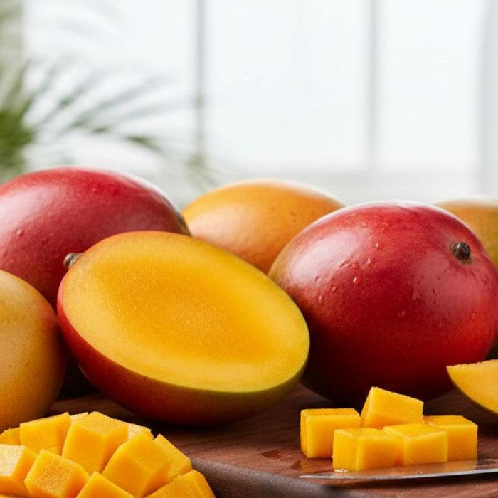 Whole and sliced ripe mangoes arranged on cutting board