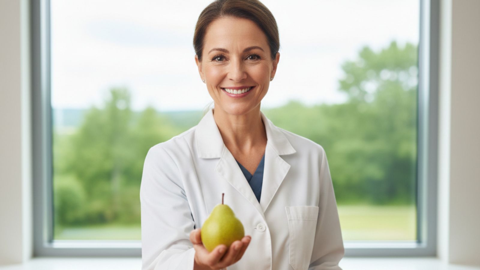 Smiling woman in lab coat holding a pear near window