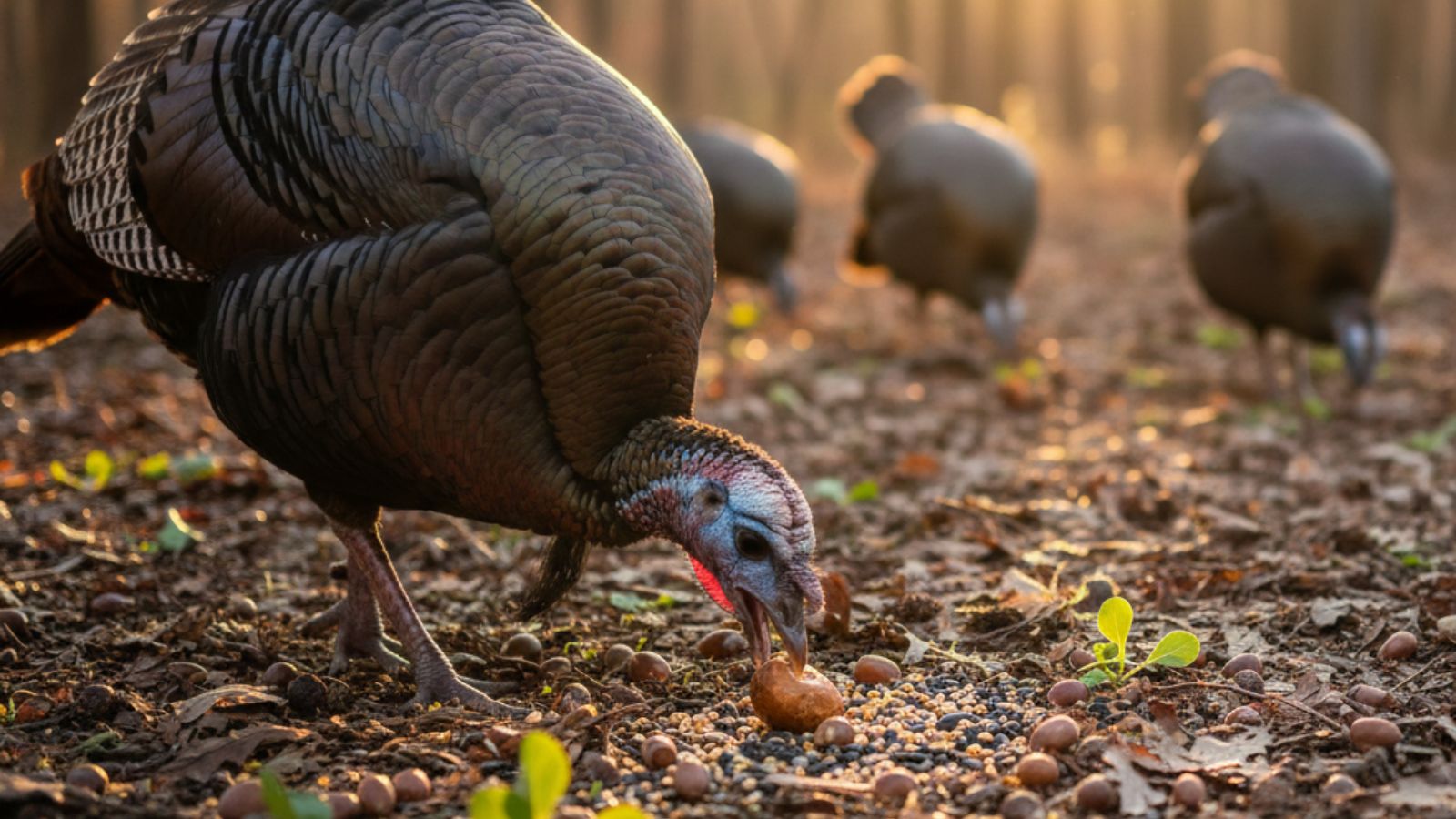 Wild turkey foraging for acorns on forest floor