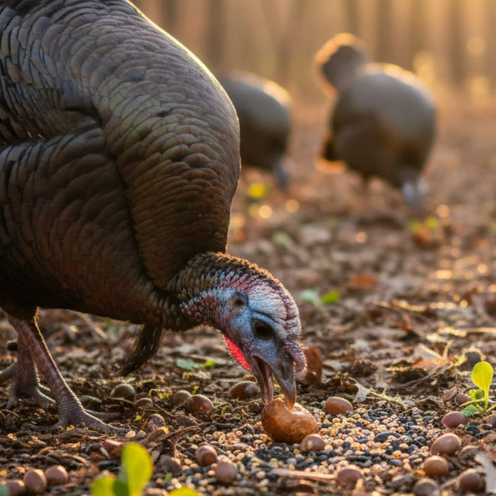 Wild turkey foraging for acorns on forest floor