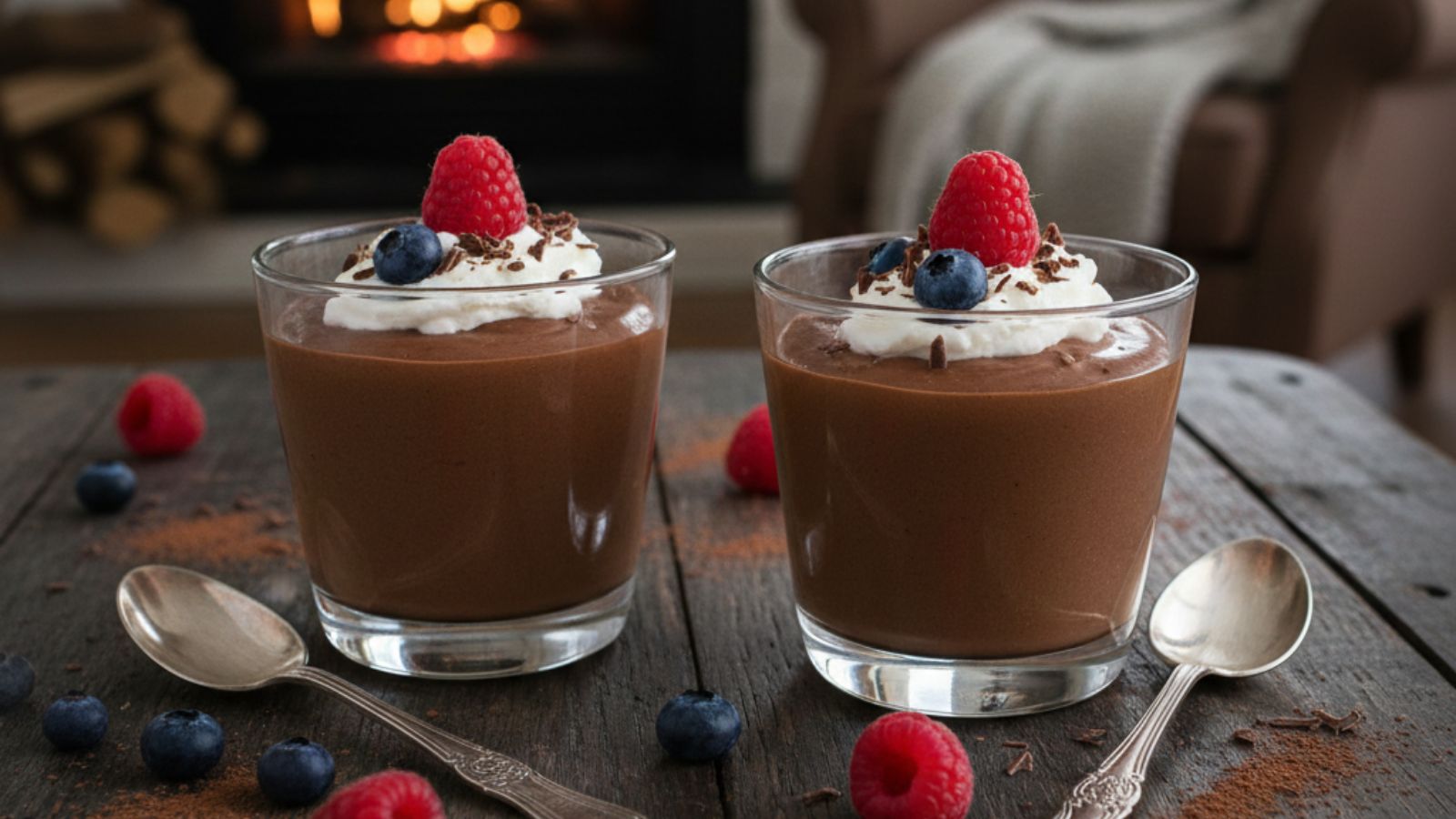 Chocolate pudding glasses with berries by cozy fireplace