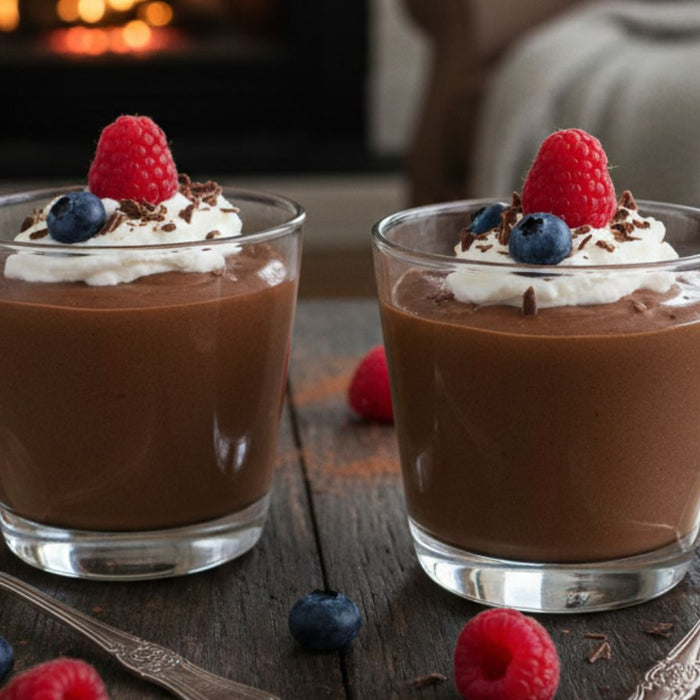 Chocolate pudding glasses with berries by cozy fireplace