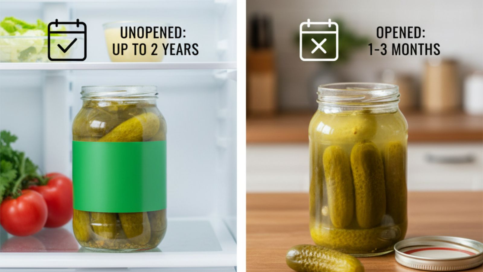 Graphic shows unopened vs opened jar shelf life: fridge vs counter tip