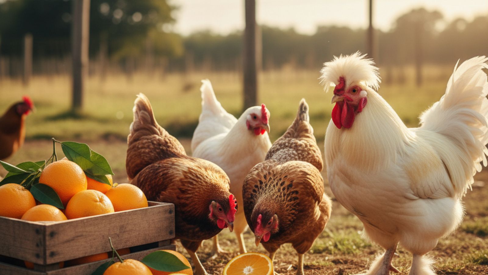 Chickens and rooster pecking sliced oranges beside crate of fruit