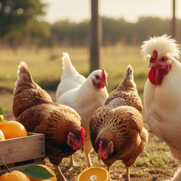 Chickens and rooster pecking sliced oranges beside crate of fruit