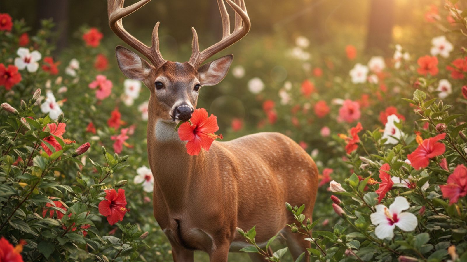 Deer holding red hibiscus flower in blooming garden