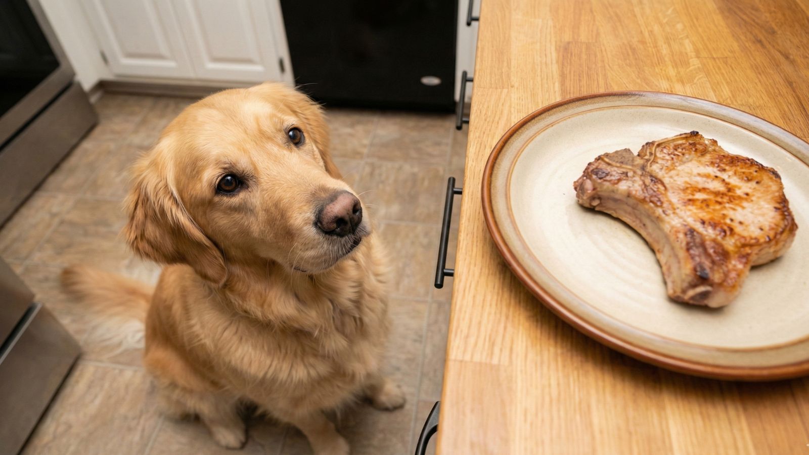 Dog watching cooked pork chop on plate on kitchen counter