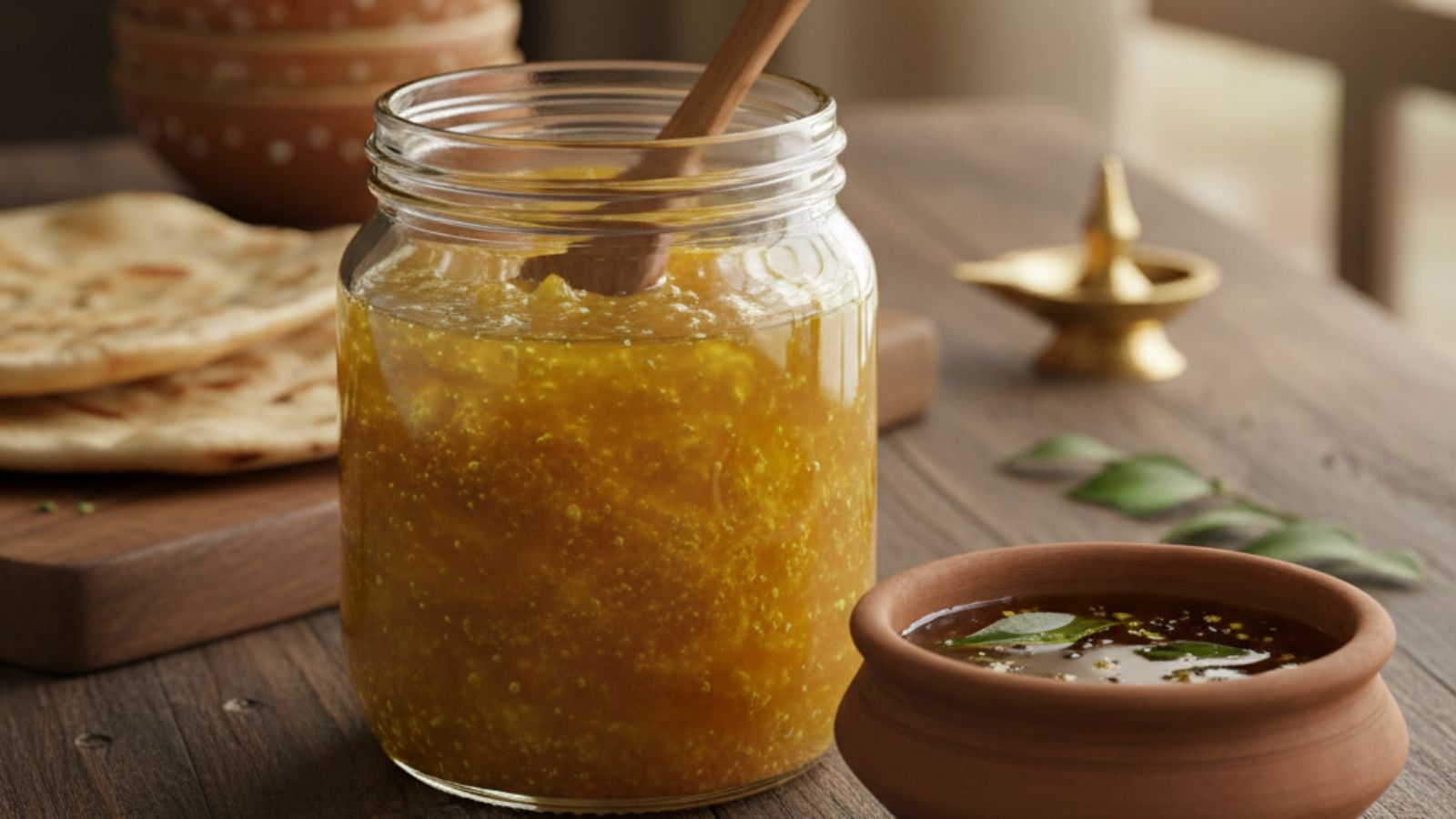 Jar of golden ghee beside traditional Indian meal