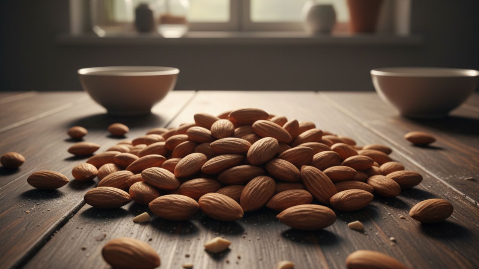 Heap of whole almonds on dark wooden table indoors