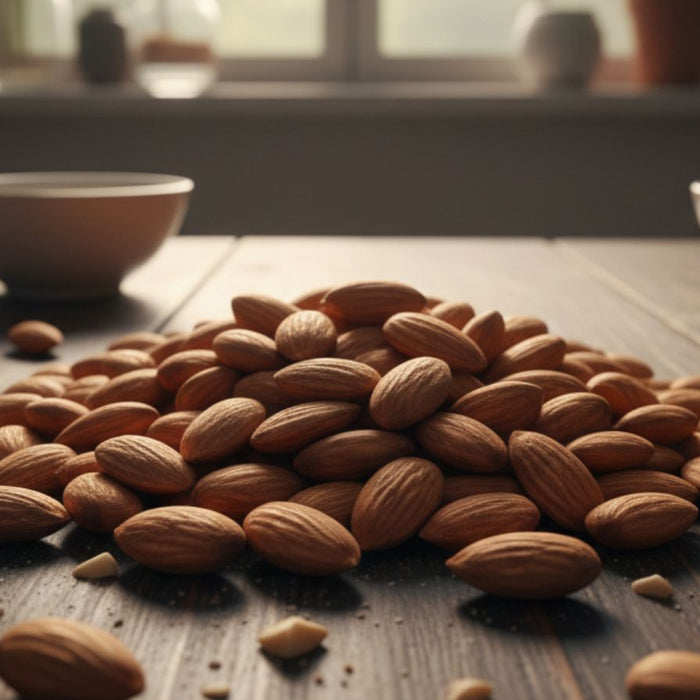 Heap of whole almonds on dark wooden table indoors