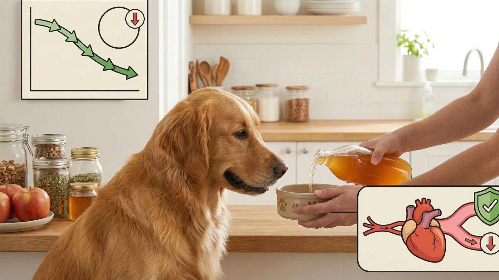 Dog served apple cider vinegar with digestion and heart health icons