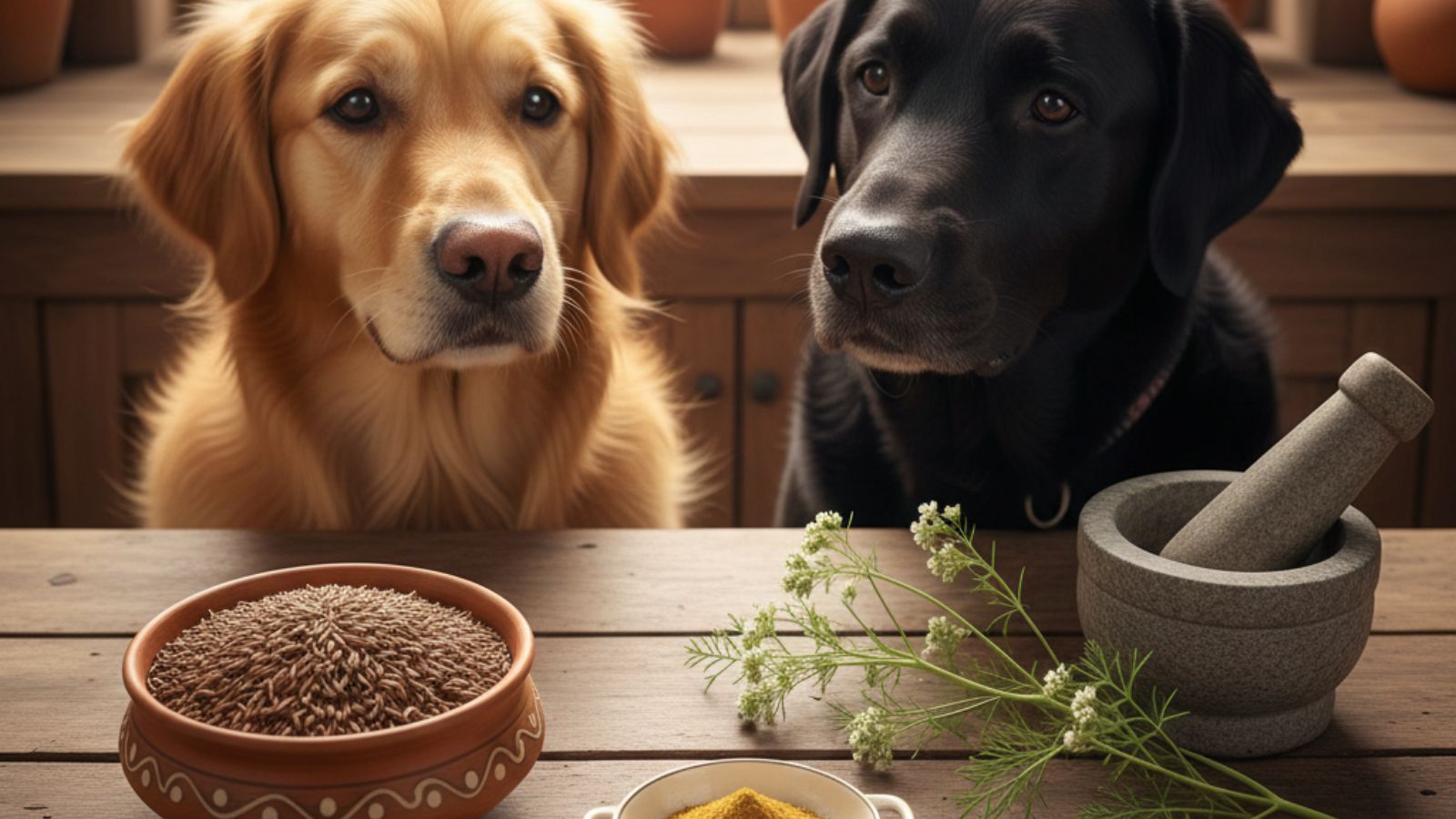 Two dogs beside bowl of cumin seeds and mortar