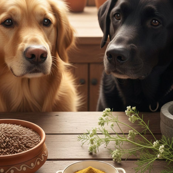 Two dogs beside bowl of cumin seeds and mortar