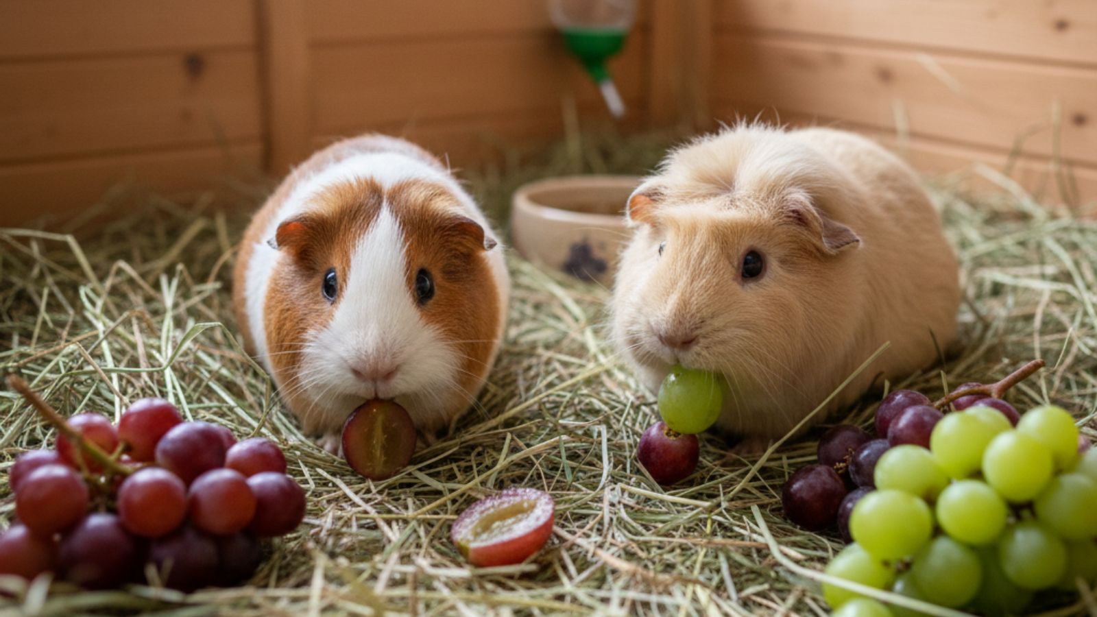 Guinea pigs nibbling grapes on hay inside wooden enclosure