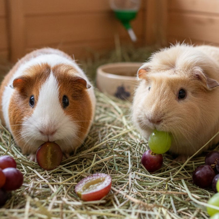Guinea pigs nibbling grapes on hay inside wooden enclosure