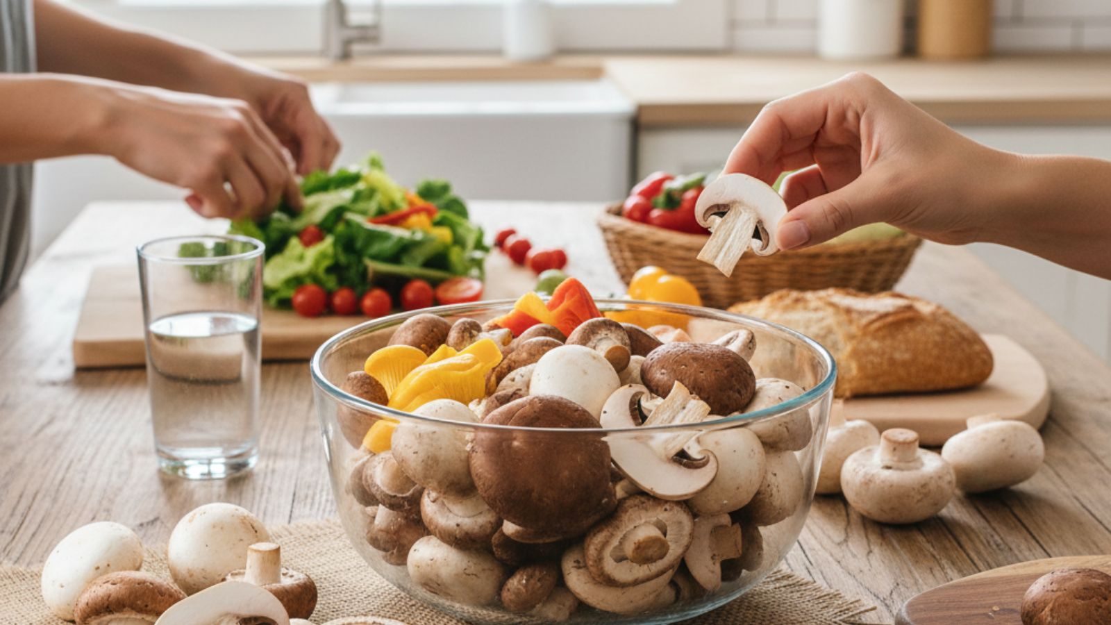 Hand adds mushroom slice to bowl while salad is prepped on countertop.