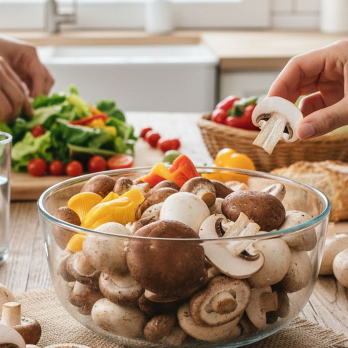 Hand adds mushroom slice to bowl while salad is prepped on countertop.