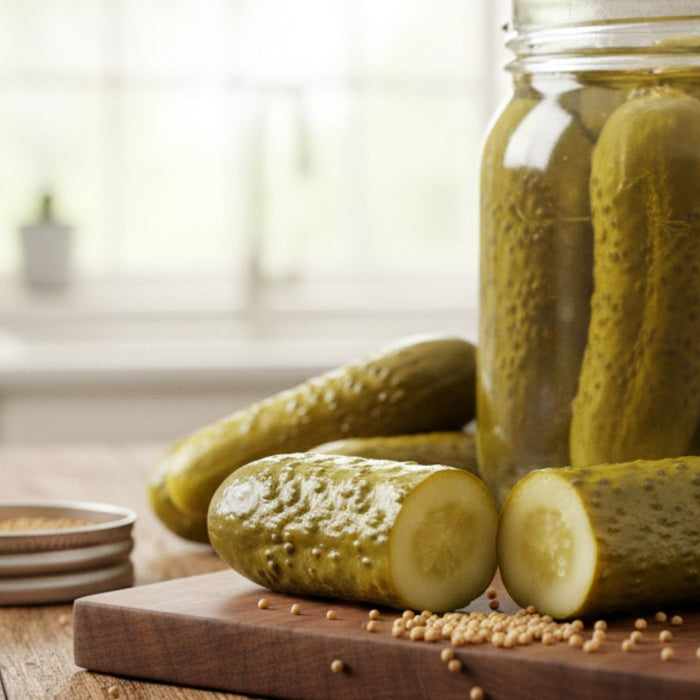 Jar of pickles with sliced pickles on board, lid nearby in kitchen lit