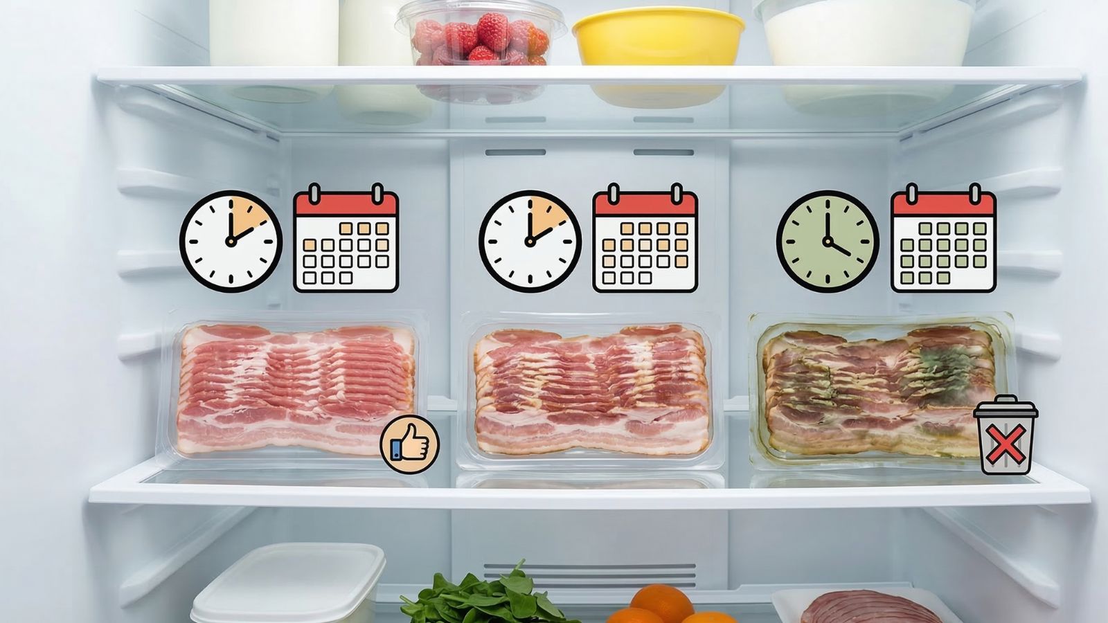 Bacon packages stored in refrigerator with dates
