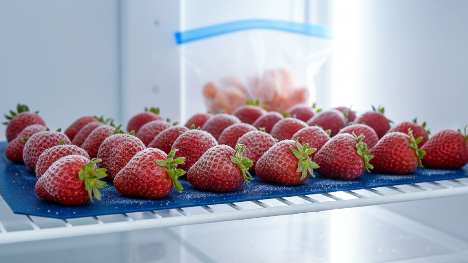 Strawberries arranged on tray inside freezer for freezing
