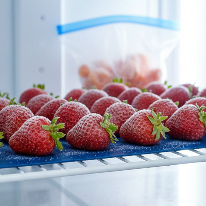 Strawberries arranged on tray inside freezer for freezing