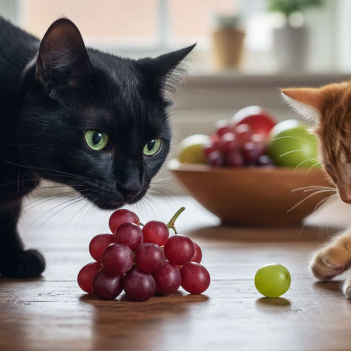 Black and orange cats sniffing grapes on wooden floor indoors