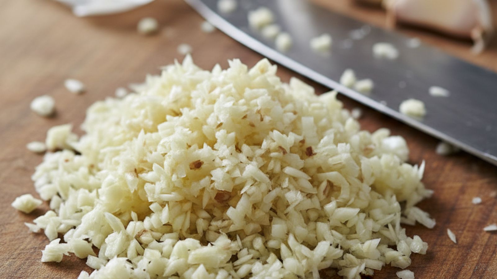 Finely chopped garlic on cutting board near metal kitchen knife