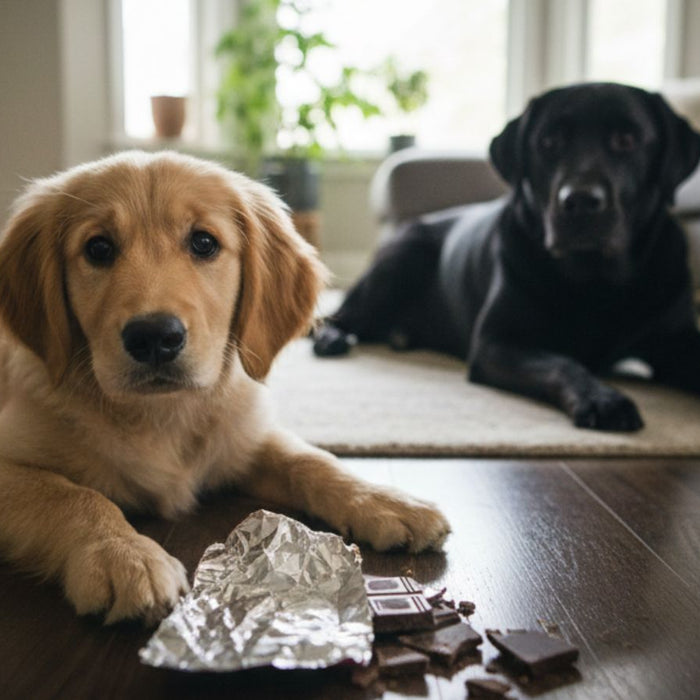 Puppy lying near broken chocolate as black dog sits in background