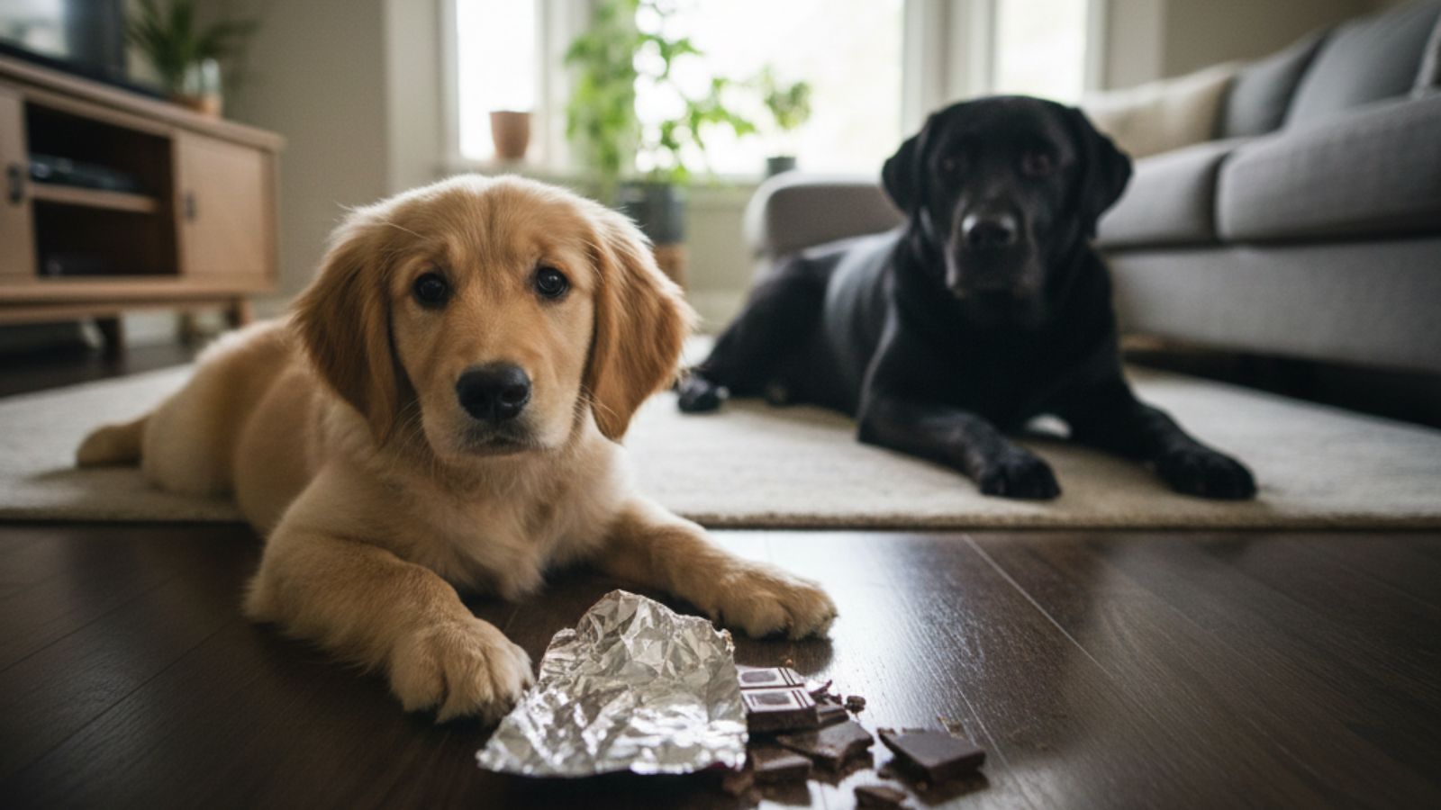 Puppy lying near broken chocolate as black dog sits in background