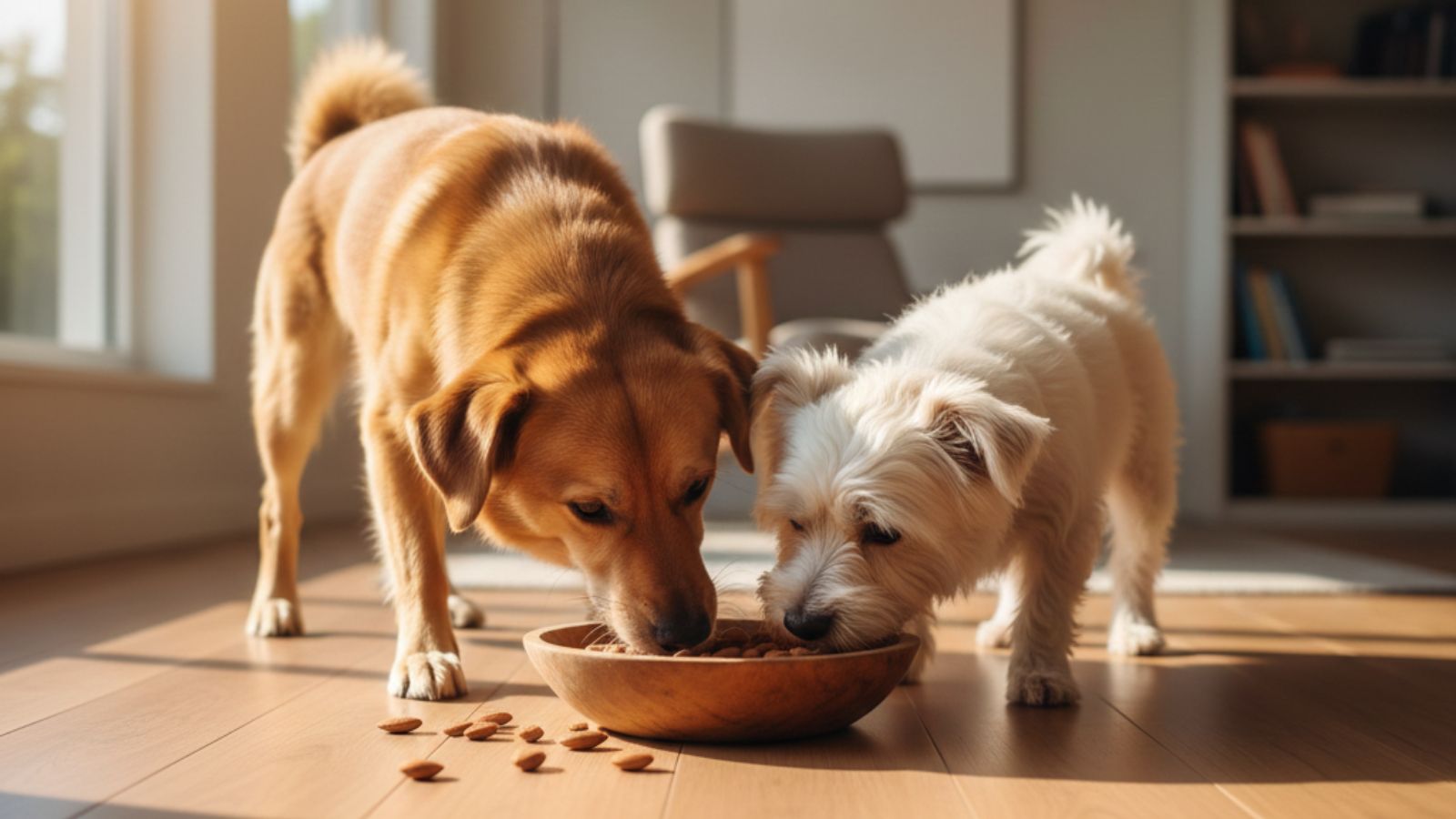 Two dogs eating almonds from bowl on wooden floor