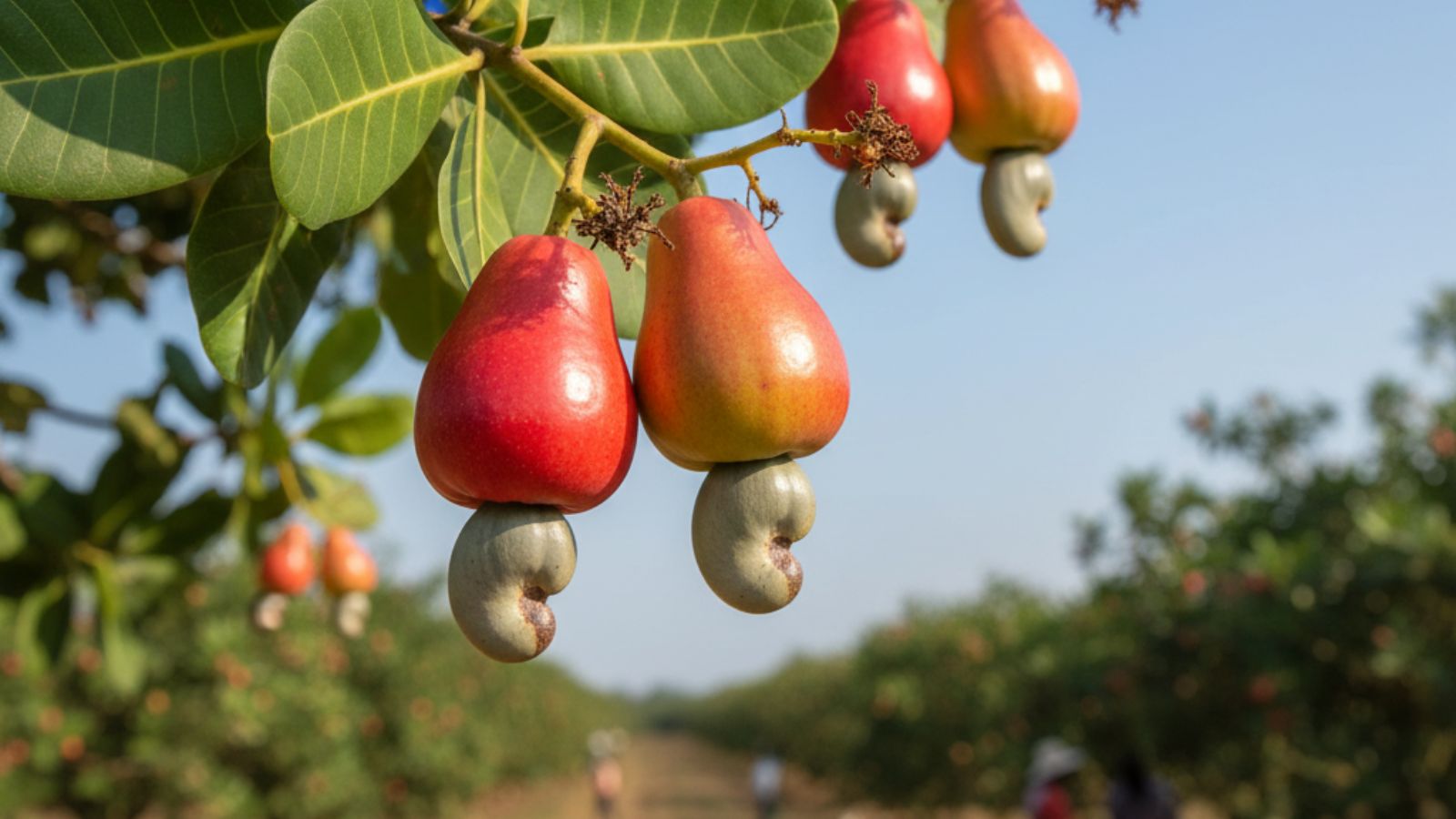 Ripe red cashew apples with attached nuts growing on tree branch