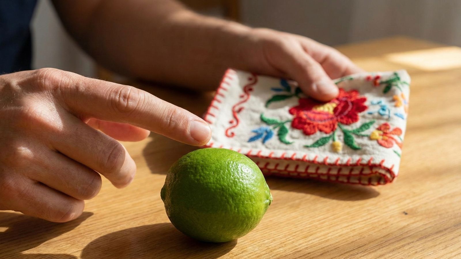Hand pointing at whole lime on table with embroidered cloth