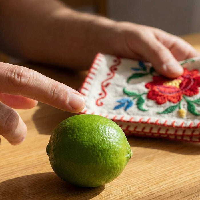 Hand pointing at whole lime on table with embroidered cloth
