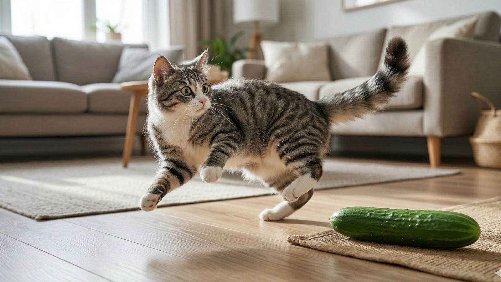 Tabby cat stepping away from cucumber on living room floor mat indoors