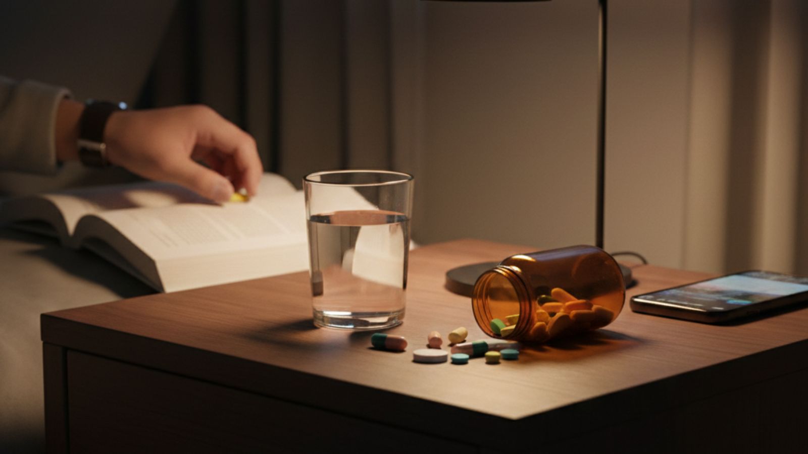 Person taking multivitamins with water at bedside