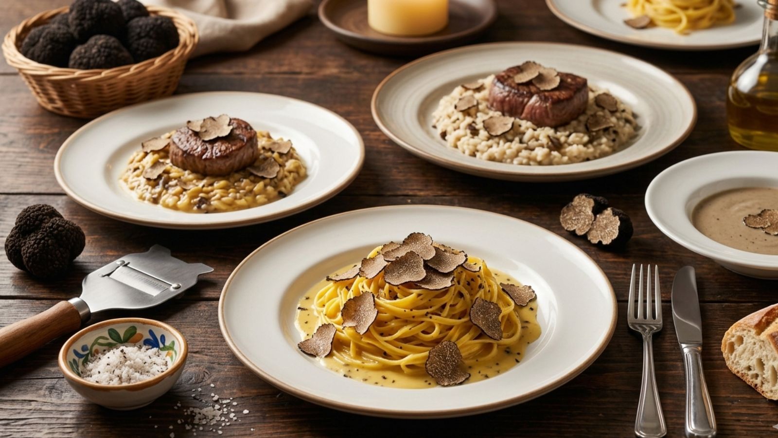 Truffle pasta and steak with shaved black truffles