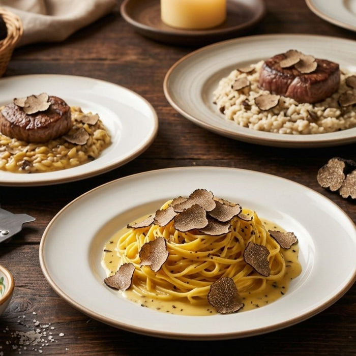 Truffle pasta and steak with shaved black truffles