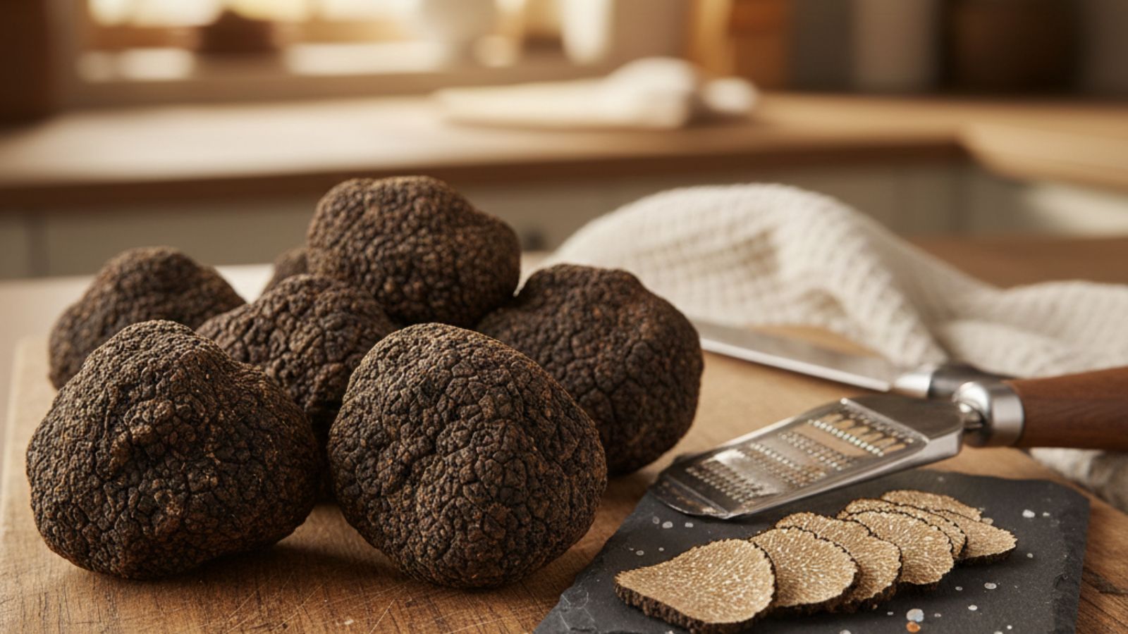 Black truffles with slicer and shaved slices on board
