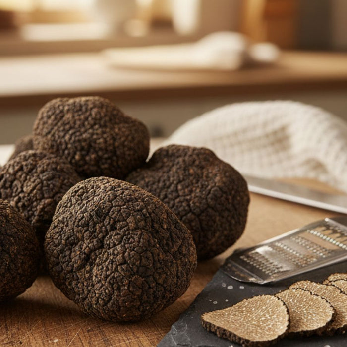 Black truffles with slicer and shaved slices on board