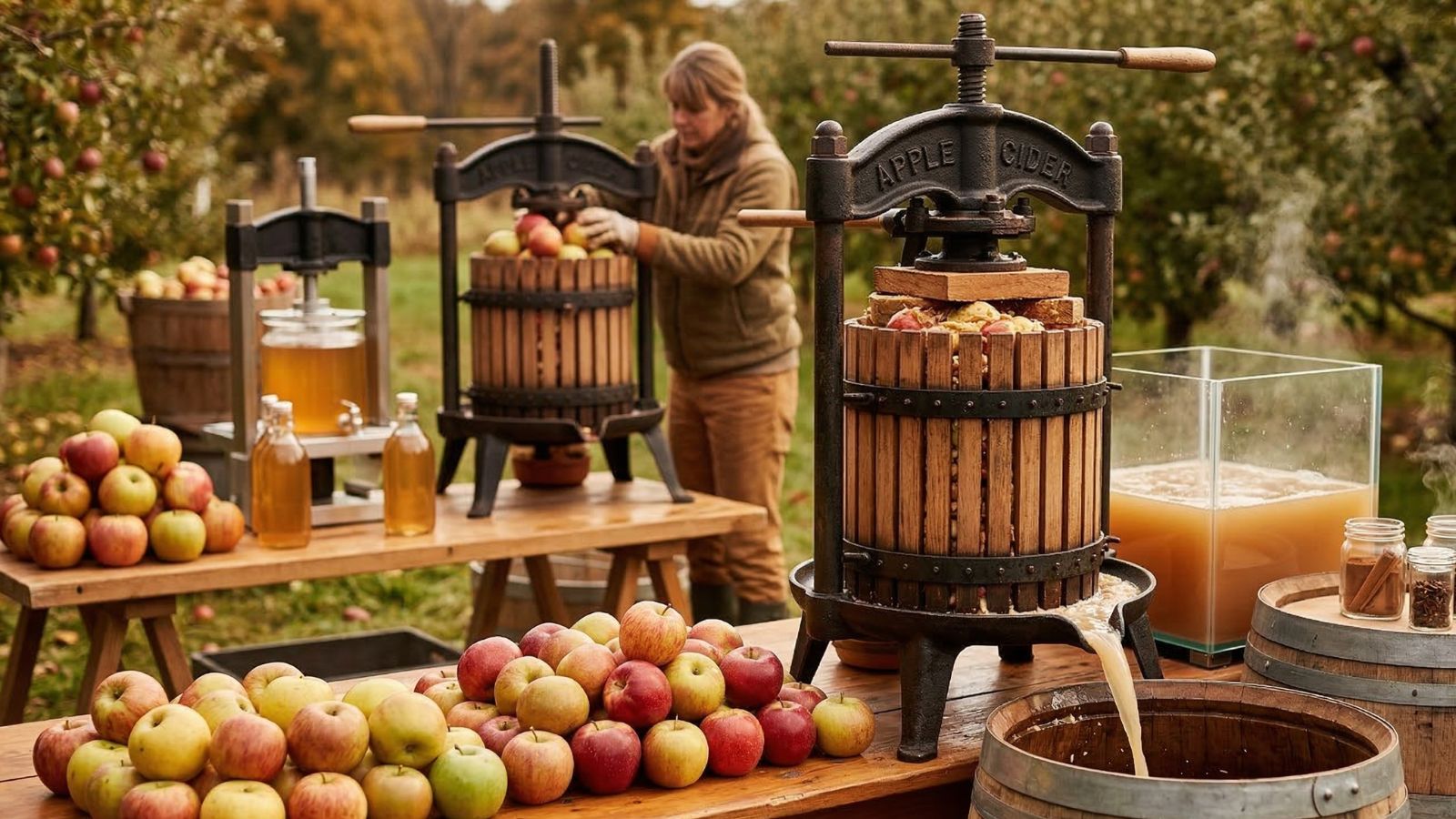Apple cider pressed outdoors with vintage press and fresh apples piled