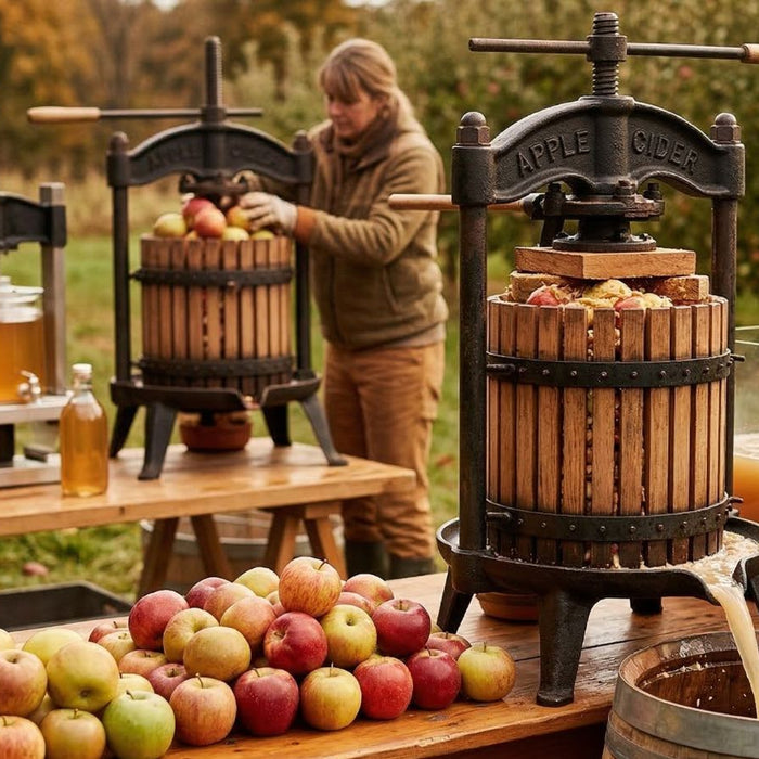 Apple cider pressed outdoors with vintage press and fresh apples piled
