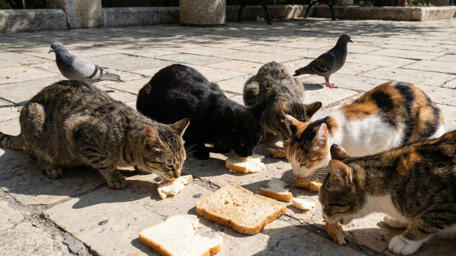 Street cats eating bread pieces on stone pavement with pigeons