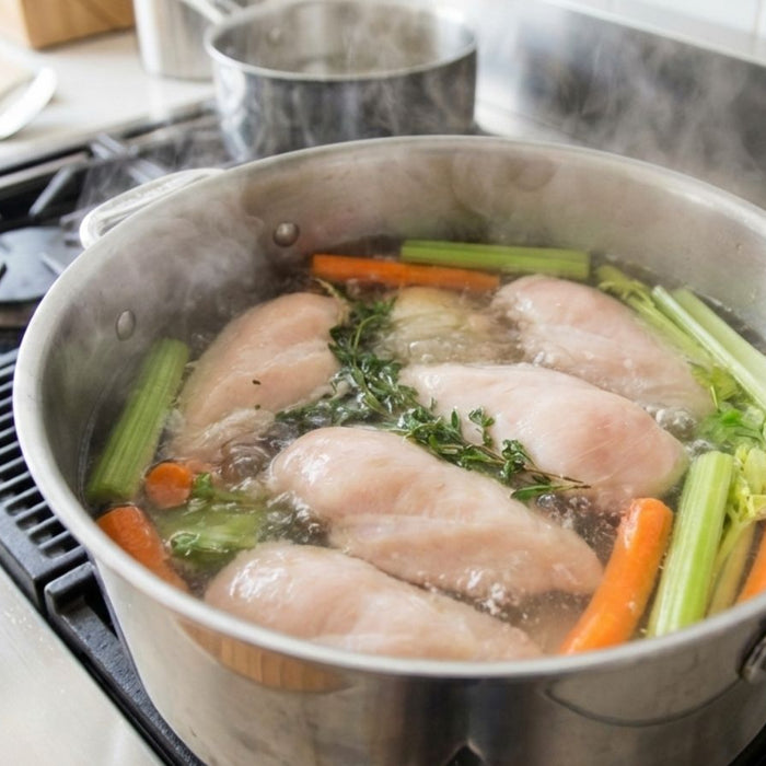 Chicken breasts simmering with vegetables in large pot on stove