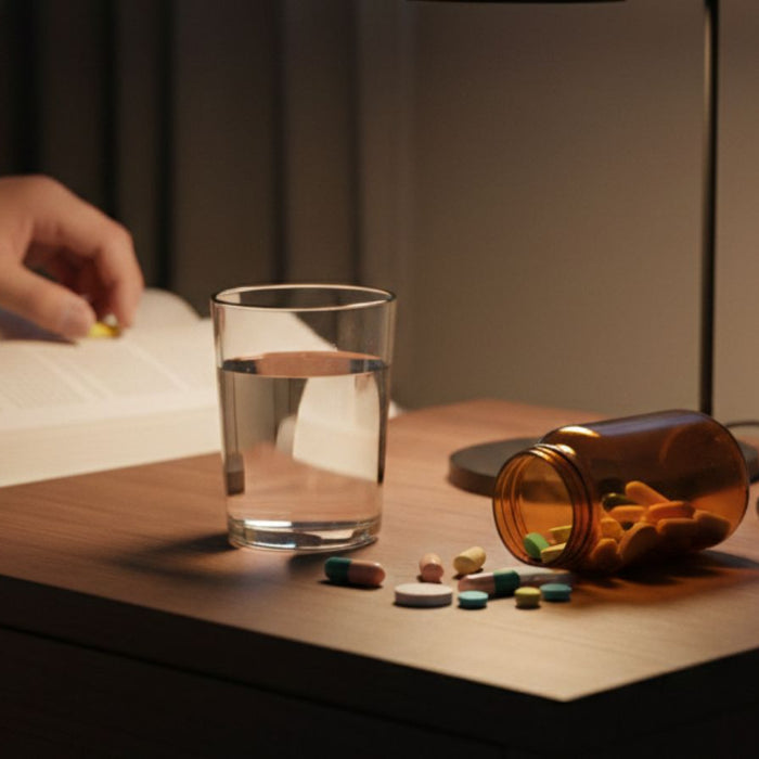 Person taking multivitamins with water at bedside