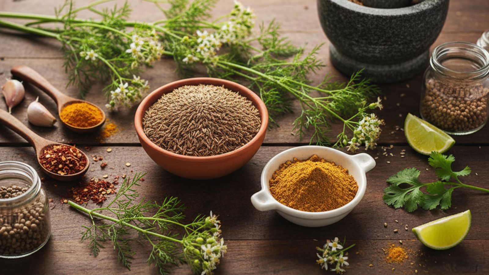 Cumin seeds and spices arranged with herbs and lime