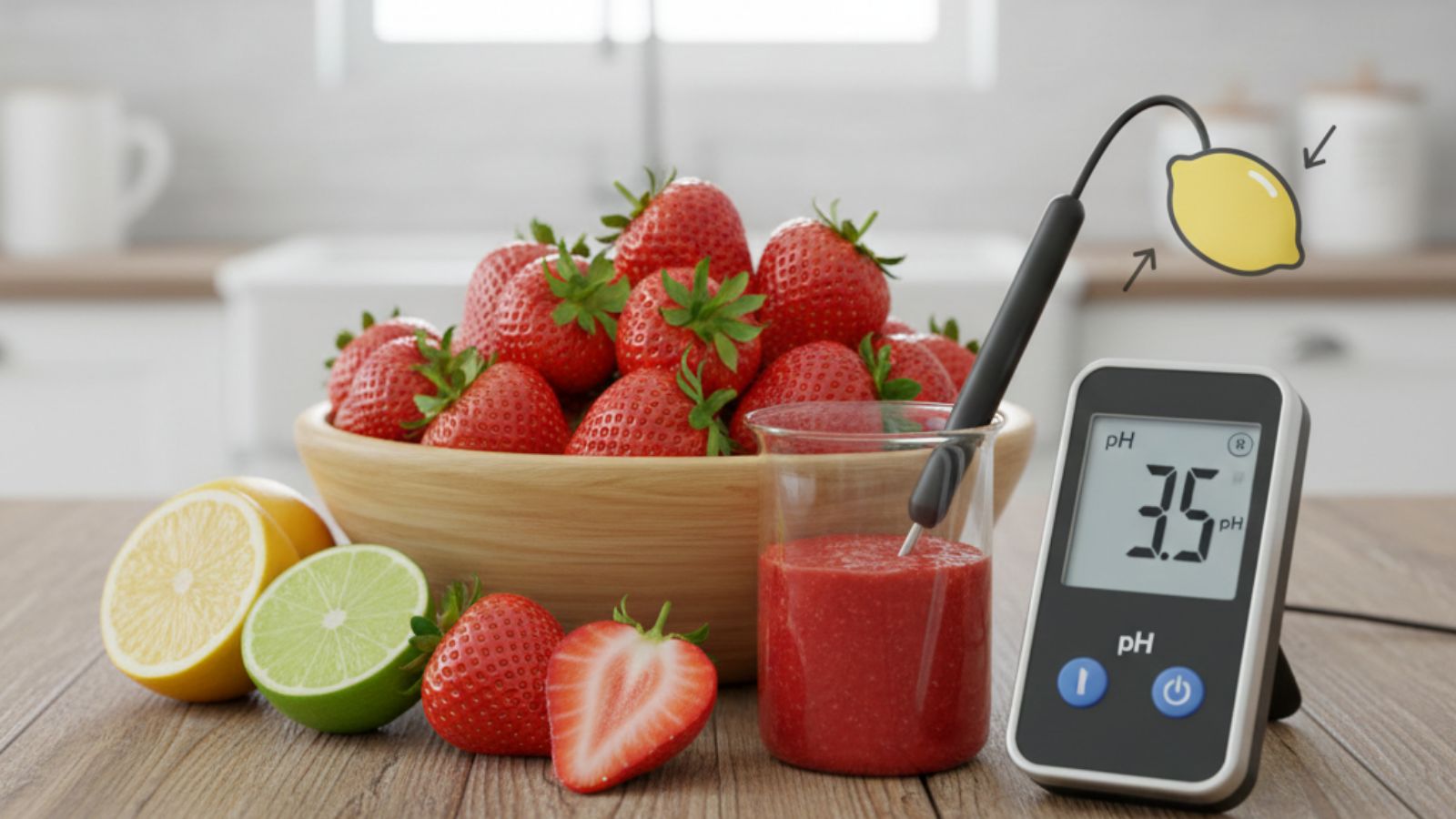 Strawberries with lemon and lime beside a pH meter and probe