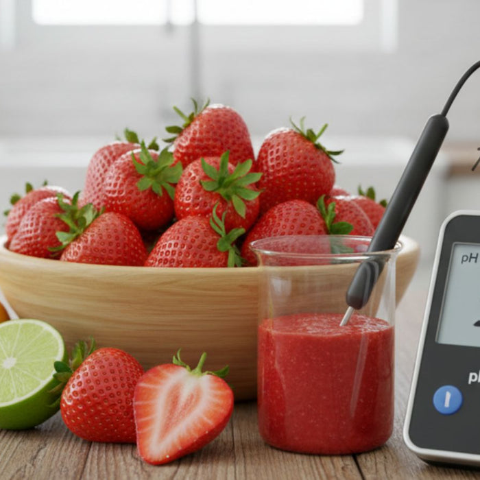 Strawberries with lemon and lime beside a pH meter and probe