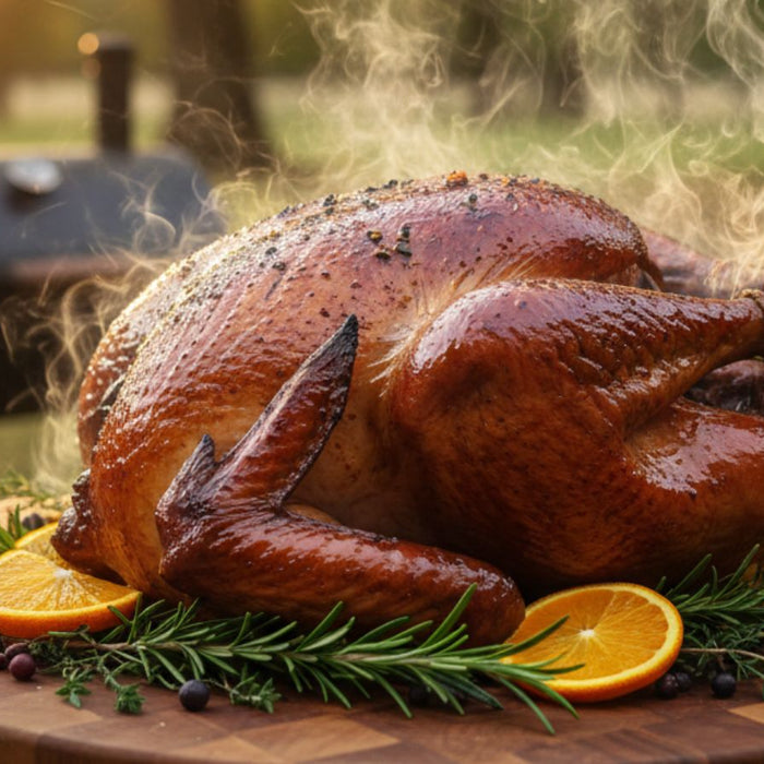 Smoked whole turkey resting on board with herbs and orange slices
