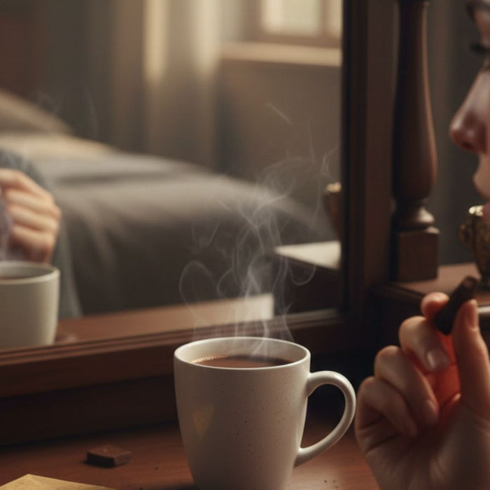 Woman drinking cocoa and touching acne while looking in mirror